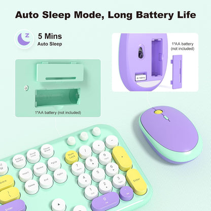 KNOWSQT Wireless Keyboard and Mouse Combo - Lovely Tiffany Blue Rainbow Full-Sized Typewriter Colorful Keyboards, Round Keycap Plug Play Retro Cute Keyboards for Windows, Laptop, PC, Desktop, Computer