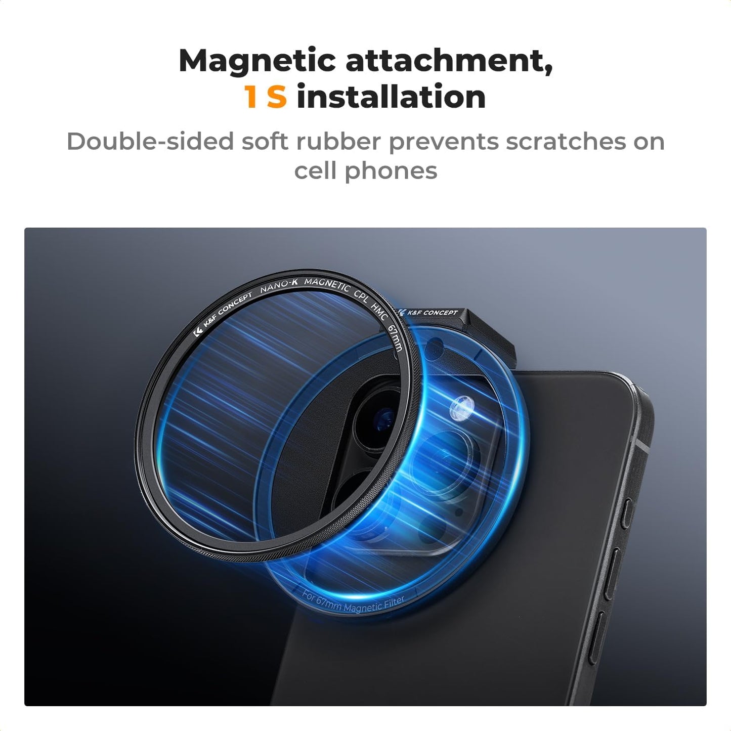 K&F Concept Clip On 67mm CPL Magnetic Phone Lens Filter Kit, Phone Clip with Magnetic Adapter Ring/Cold Shoe/Locking Knob, Polarizer Filter for iPhone 16 15 Pro Max 14 13
