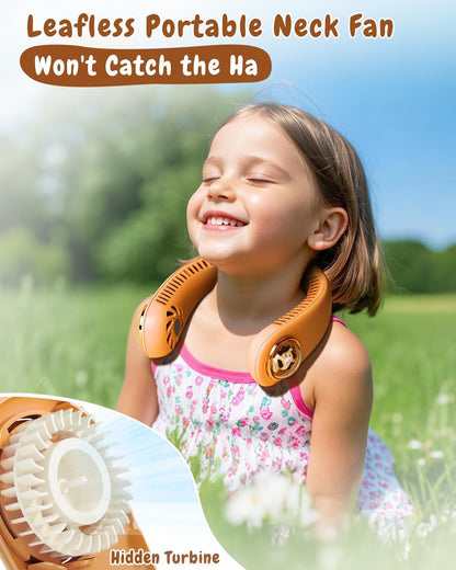 Neck Fan for Kids,Bladeless Portable Fan Rechargeable for 4-14Y Girls & Boys, 2400mAh USB Personal Cooling Mini Fan Rechargeable for Travel/Disney/Camping, 3 Speeds, Summer Essentials(Orange)