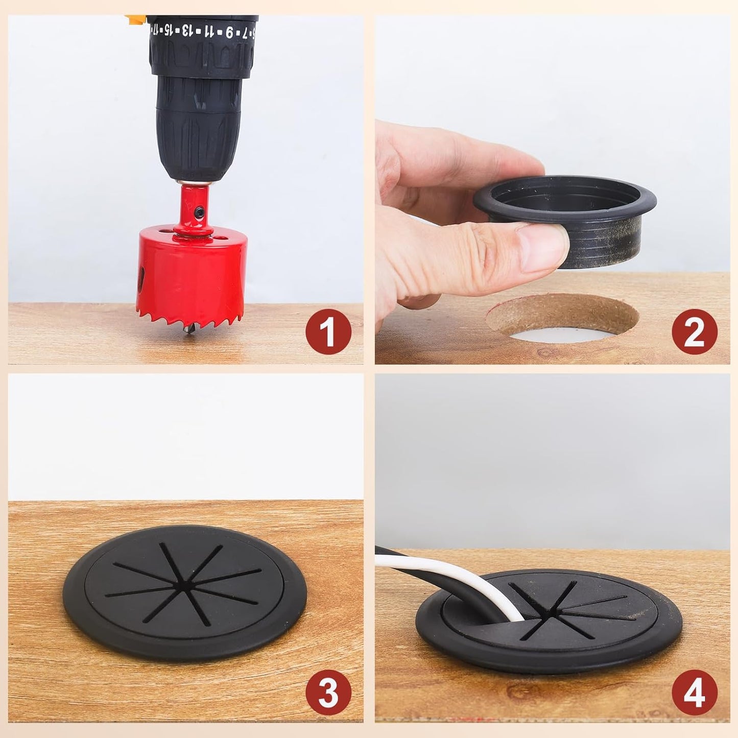 Desk Grommet 2 Inch 8Pcs Grommets Desk Hole Cover for Cables Wire Grommet Kit with Hole Saw(Black, 2Inch_50mm)