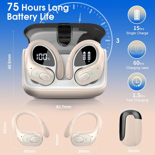 Wireless Earbuds 75hrs Bluetooth 5.4 Headphone Sport, 2025 Bluetooth Earbuds Stereo Deep Bass Over Ear Bud with Earhooks, ENC Noise Cancelling Mic, IPX7 Waterproof Earphone, Camel