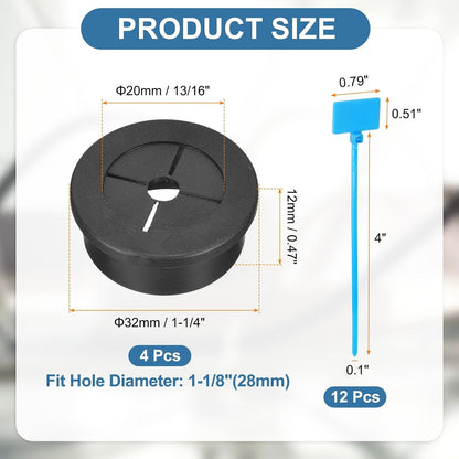 uxcell 4Pcs Cable Cord Grommet, 1-1/8"(28mm) Rubber Desk Grommets Wire Pass Through Hole Cover with Marked Cable Ties for Home Office Cable Wire Protection, Black