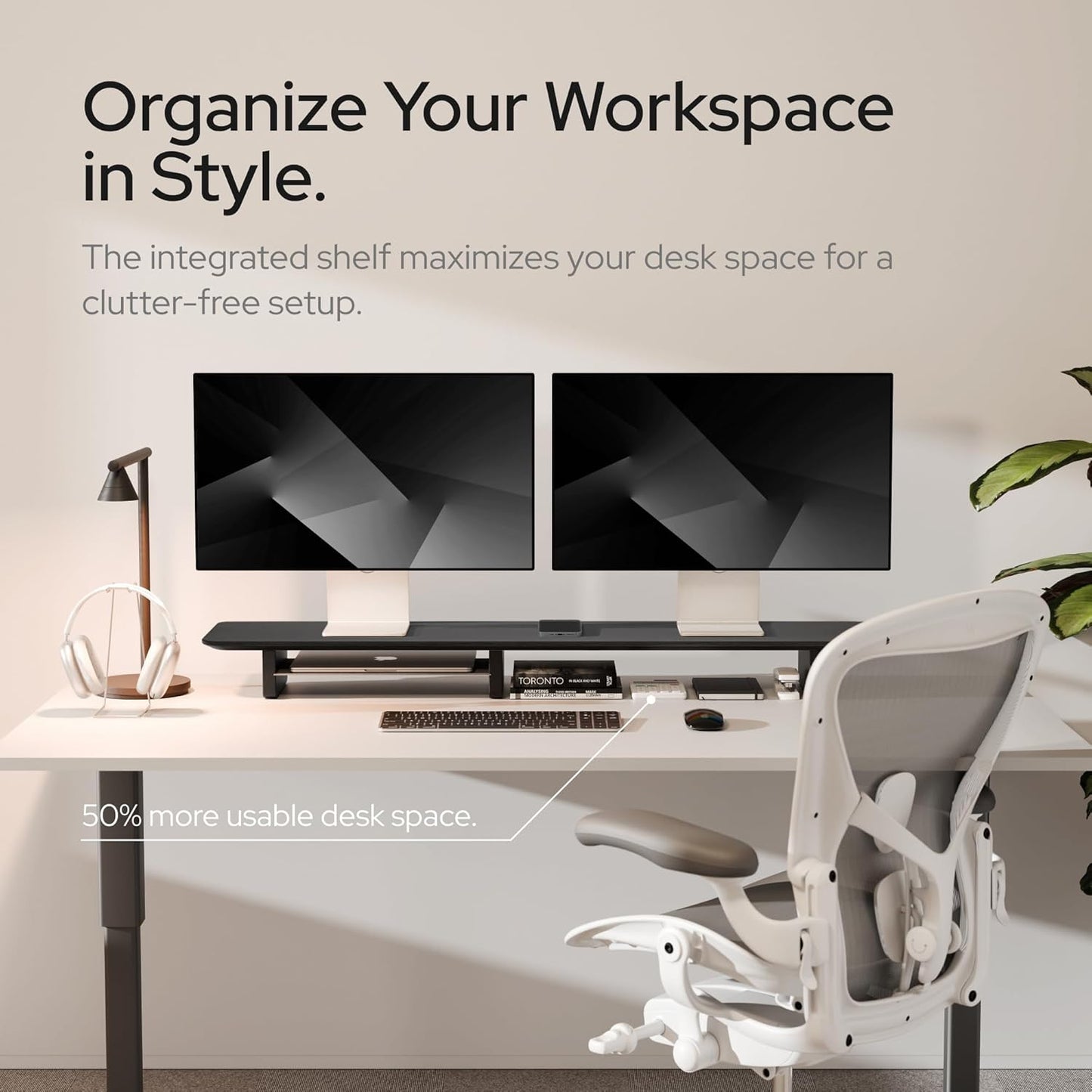 KIVY Dual Monitor Riser With Integrated Metal Shelf [MADE BY HAND] - Wooden Desk Shelf for 2 Monitors - Wide Long Stand for Desk (44 x10x3in - Black)