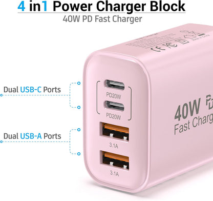 USB C Block 40W, 4 Ports Wall Plug Fast Charging Block, PD+QC Multiport Power Adapter USB C Charger Type C for iPhone 16,15,14,13,12,11, Pro Max, X, Xr, Xs, 8, 7, Watch, Galaxy Phones (Pink 1Pack)