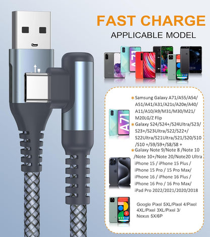 USB Type C Cable Right Angle [2-Pack, 6.6FT+20FT], USB Type C iPhone 16 Charger Cable Nylon Braided Cord for iPhone 15 16 Pro Max Plus, Samsung Galaxy S25 S24 S23 S22 S21 S10 S9 Note 20 10,Moto,PS5
