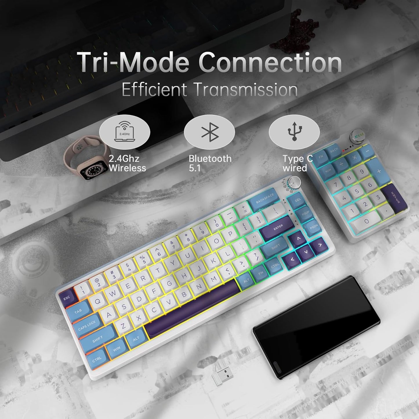 K68 Pro Gaming Keyboard, Layout Compact Wireless Mechanical Keyboard, Gasket Hot Swappable Custom BT 5.0/2.4G/USB-C Office Keyboard for Windows Mac (Blue-White, Eternity Tactile Switch)