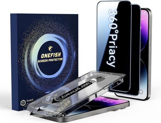OneFish Screen Protector for iPhone 16 Pro Max Privacy, 4-Way 360° Anti-Spy Tempered Glass, 9H Hardness, HD Clear Anti-Fingerprint 3D Curved Edges, Case-Friendly & Easy Installation