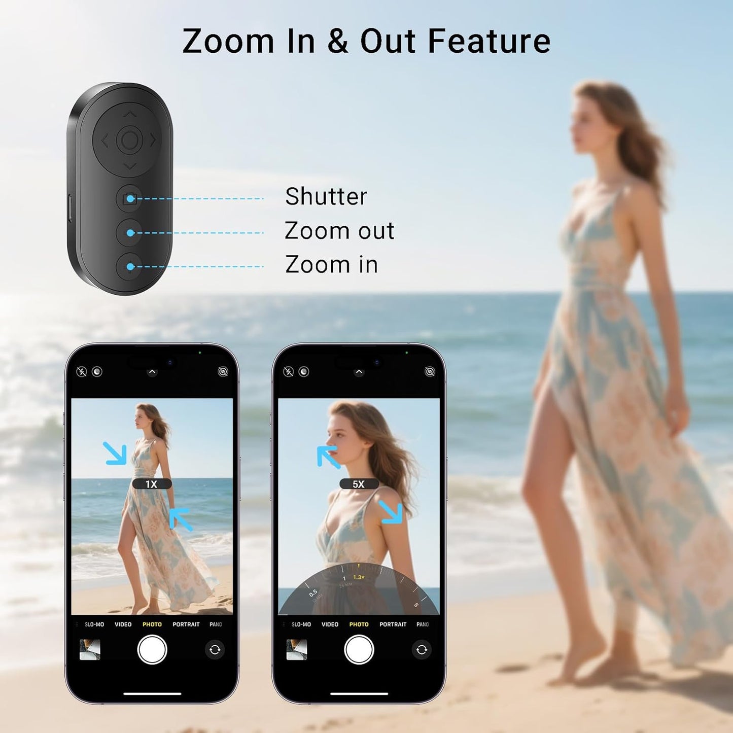 Wireless Phone Camera Remote Control with Zoom in/Out, Versatile Shutter for iPhone, Page Turner for e-Book Reading, Short Video Scroller for Tiktok