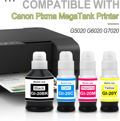 greencycle GI-20 GI20 Refill Ink Bottle Kit 4 Pack, Compatible for Canon PIXMA G6020 G7020 G5020 MegaTank Printer, 170mL Black Ink, 70mL Cyan Magenta Yellow Ink