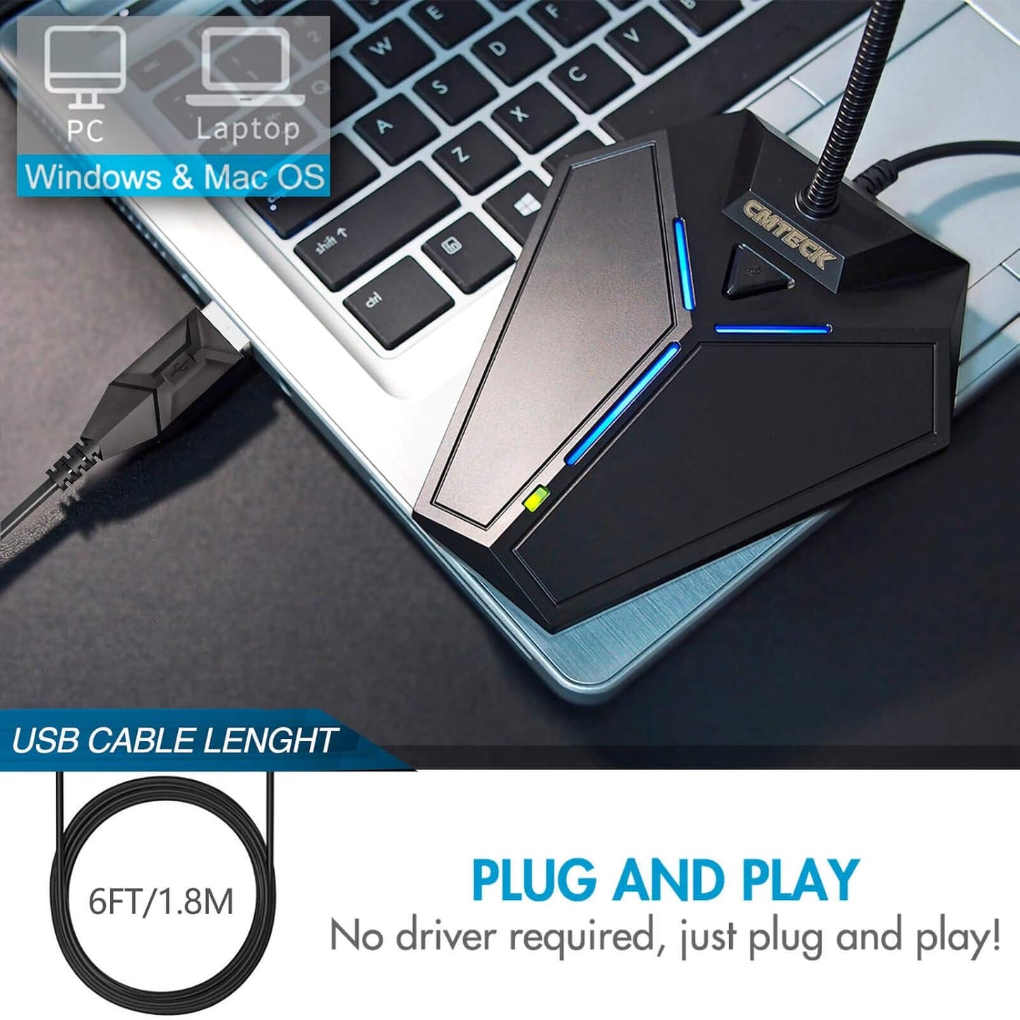 USB Computer Microphone, Plug &Play Desktop Omnidirectional Condenser PC Laptop Mic, Mute Button with LED Indicator, Compatible with Windows/Mac, Ideal for YouTube, Skype, Recording, Games(1.8m /6ft)