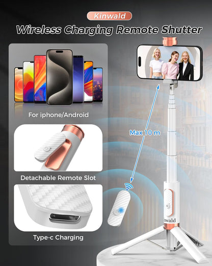 Selfie Stick Tripod for iPhone & Android, Portable Phone Tripod Stand with Bluetooth Remote, One-Click Open, Compact & Lightweight, All-in-1 for Vlog/Travel/Photography (White)