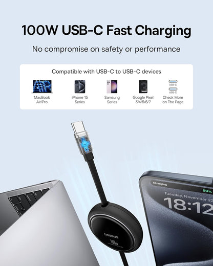 Baseus USB C to USB C Cable, 100W Retractable USB C 5A Fast Charging Cable, 4-Stage Length Preset USB Type C Charger Cord for iPhone 16 15 Pro Plus Pro Max, MacBook, iPad, Samsung S24/S23+ (3.3ft)