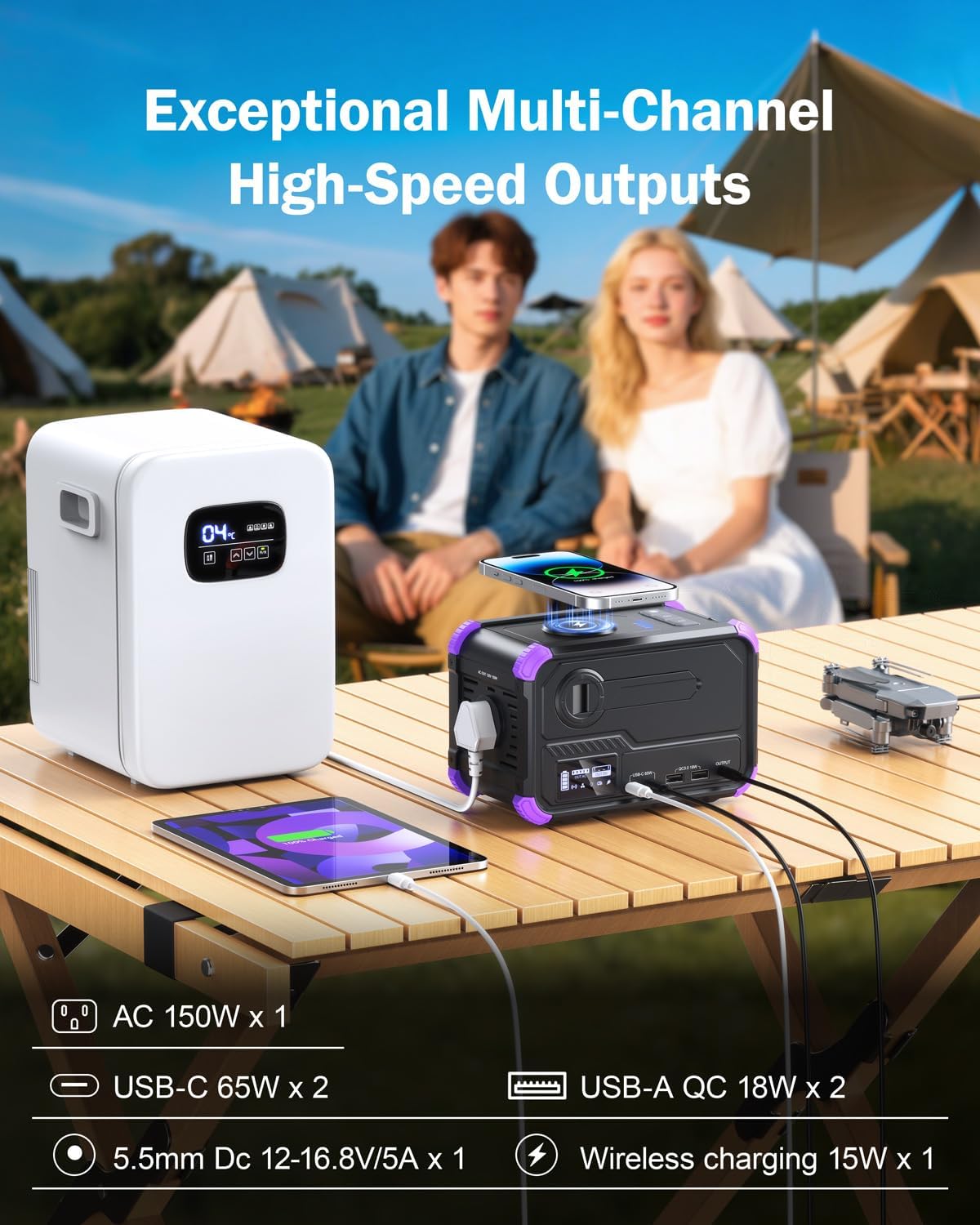 BROWEY Portable Power Station 153Wh Small Solar Generator with Hand Crank 120V 150W AC Outlet Lithium Battery Power Bank, Wireless Charging Emergency Charger for Outdoor Camping Travel Home Backup