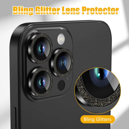 AGVEE 3+3 6 Pack for iPhone 14 Pro 6.1" / 14 Pro Max 6.7" Camera Lens Protector, Bling Diamond & Bling Glitter Metal Ring 9H Tempered HD Glass Camera Protector Cover Film, Bling-Black