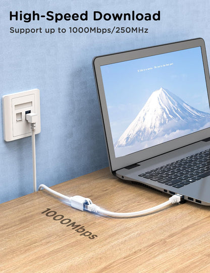 Right Angle Ethernet Extension Cable Down Angle1.5ft-White, 90 Degree CAT6 Ethernet Patch Cable RJ45 LAN Cable Extender Male to Female Connector for Router Modem Smart TV PC Computer Laptop