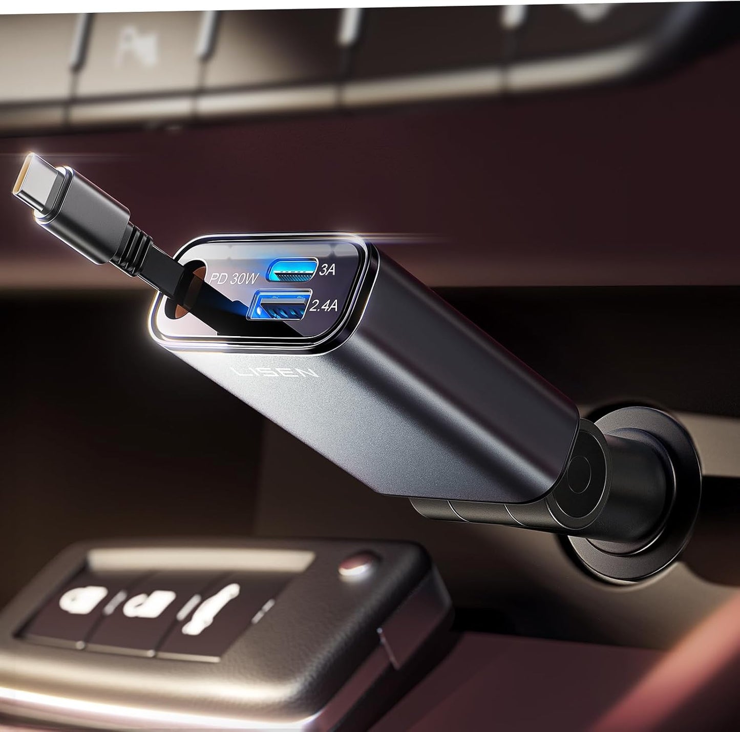 LISEN iPhone 16/15 Car Charger USB C Fast Charging Retractable,【60% Less Space,Mini】 57W Fast iPhone 16/15 USBC Type C Charger for 17 iPhone 16 15 Pro Max Plus，Samsung Galaxy S25/24 Z，Android