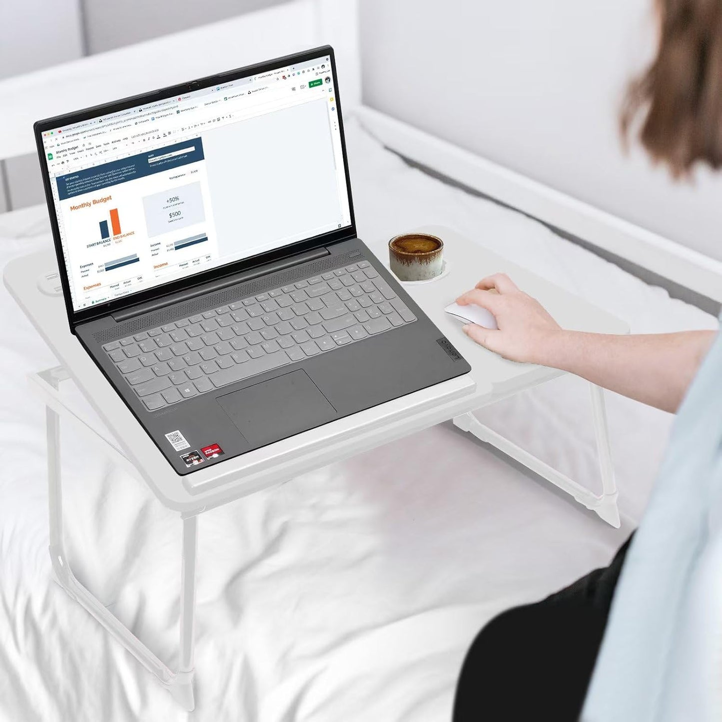 CloudTrip Plus XL Adjustable Laptop Desk with Light, USB Port, iPad Holder, Drawer Storage - Larger 23.6IN Adjustable Lap Desk for Bed, Home Office, Breakfast Tray, Fordable Legs Desk (White)