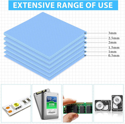 Frienda 6 Pcs Thermal Pad 100 x 100 mm, 0.5 mm, 1 mm, 1.5 mm, 2 mm, 2.5 mm, 3 mm Heat Resistant Conductive Silicone Thermal Pads Conductivity 6.0 W/M for Laptop Heatsink CPU GPU LED Cooler(Blue)