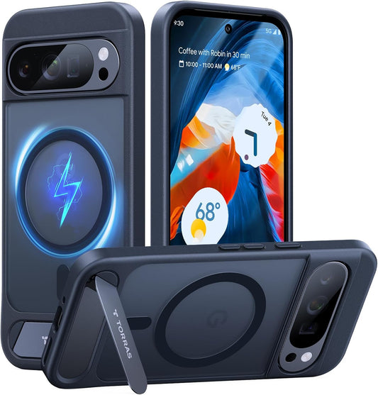 TORRAS Magnetic & Stand for Google Pixel 9 Pro XL Case, Fit for MagSafe, 12FT Mil-Grade Drop Protection, Slim Fit for Google Pixel 9 Pro XL Phone Case with Built-in Kickstand, Translucent Matte Black