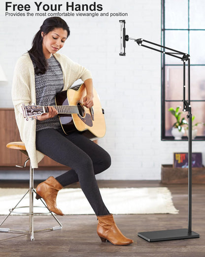 Tablet Floor Stand with 11lb Stable Base & Desk Clamp, Adjustable Height Stretchable Arm Swivel Dual Holder, Compatible with iPhone, iPad Pro Air Mini, Galaxy Tab, Kindle, Phones (4.5''-13'')