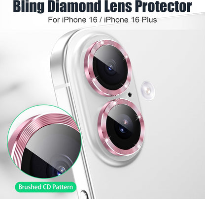 AGVEE 3+3 6 Pack for iPhone 16 6.1" / 16 Plus 6.7" Camera Lens Cover Protector, Bling Glitter & CD-Textured Metal Ring 9H Tempered HD Glass Camera Cover Protector Film, Glitter-Pink