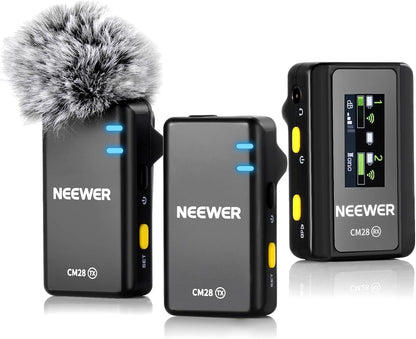 NEEWER CM28 Wireless Lavalier Microphone System, 1 Click Noise Canceling, 4GB Storage for 9Hrs of 48KHz 16 Bit Uncompressed Audio, Lapel Mic Compatible with iPhone/Android/PC/Camera/iPad