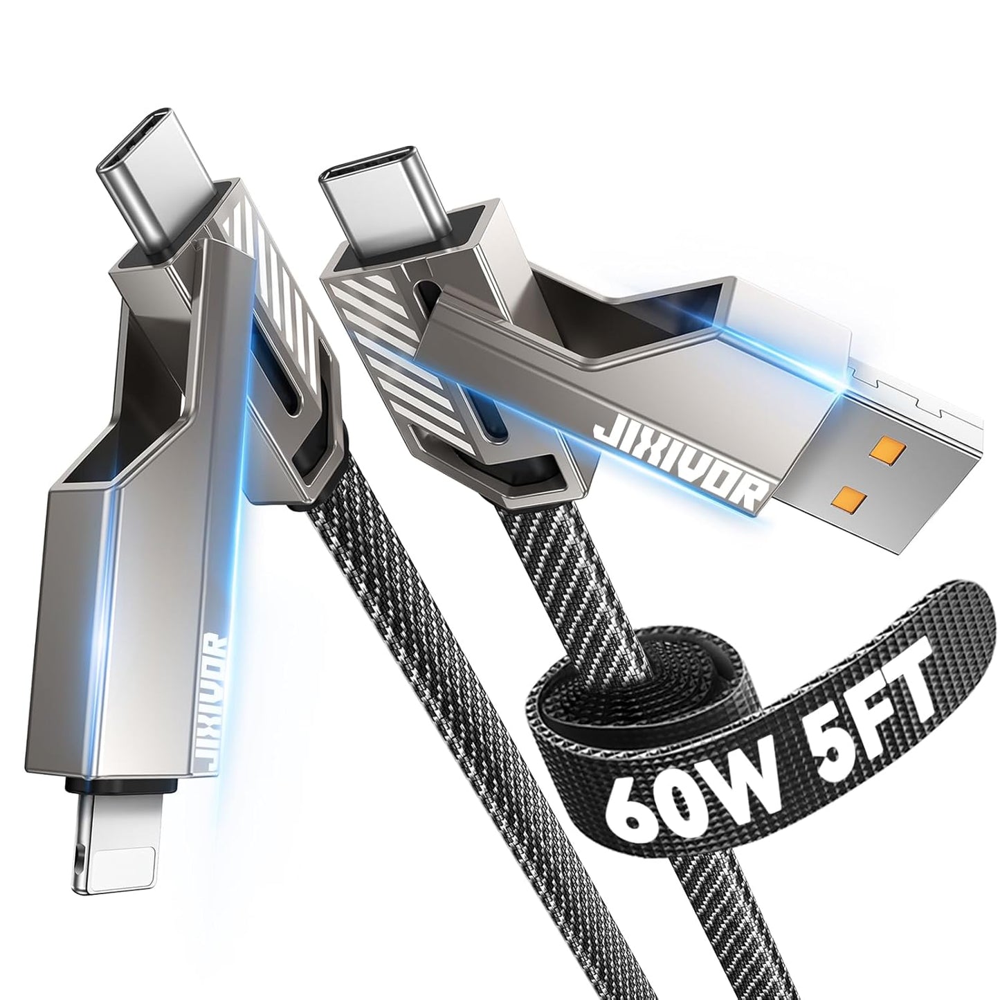 [One is Enough] 4-in-1 Compatible with USB C to Lightning Cable, 65W High-Speed Charging & Fast Data Transfer,CarPlay & Android Auto Support Multi Charger Cord Combo for iPhone/Samsung/iPad,5FT