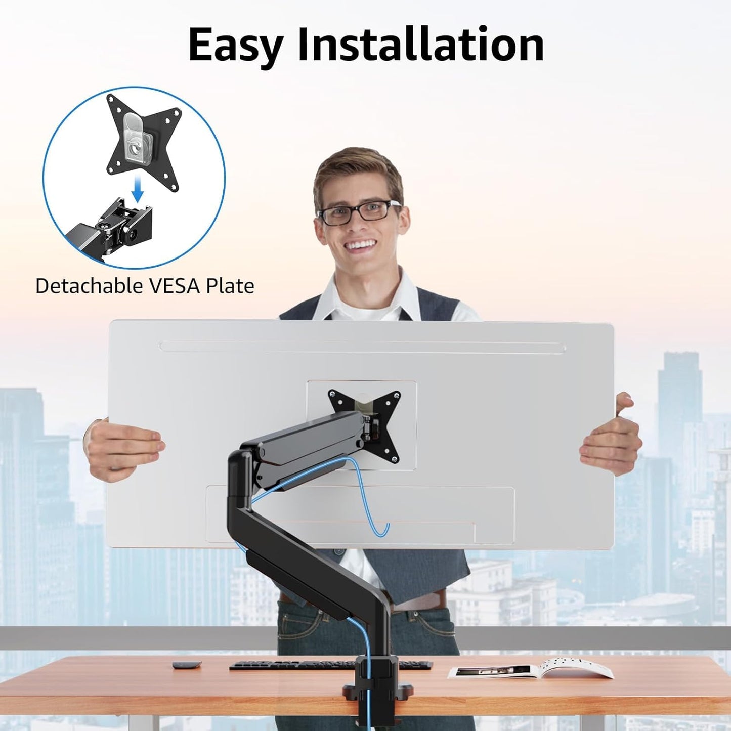 MOUNTUP Single Monitor Mount fits 22''-43'' Ultrawide Screen, Holds 6.6-33lbs, Computer Monitor Arm Desk Mount, Heavy Duty Gas Spring Monitor Stand for Flat/Curved Screen, with C-clamp/Grommet Base