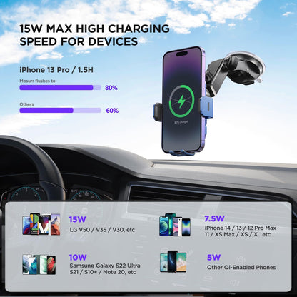 Wireless Car Charger,【7 Colored LED Backlit】15W Auto Clamping Car Charger Phone Mount Holder fit for iPhone 14 13 12 Mini Pro Max 11 XR XS X, Samsung Galaxy S23 Ultra S22 S21+ S10+ Note 20, etc - Blue