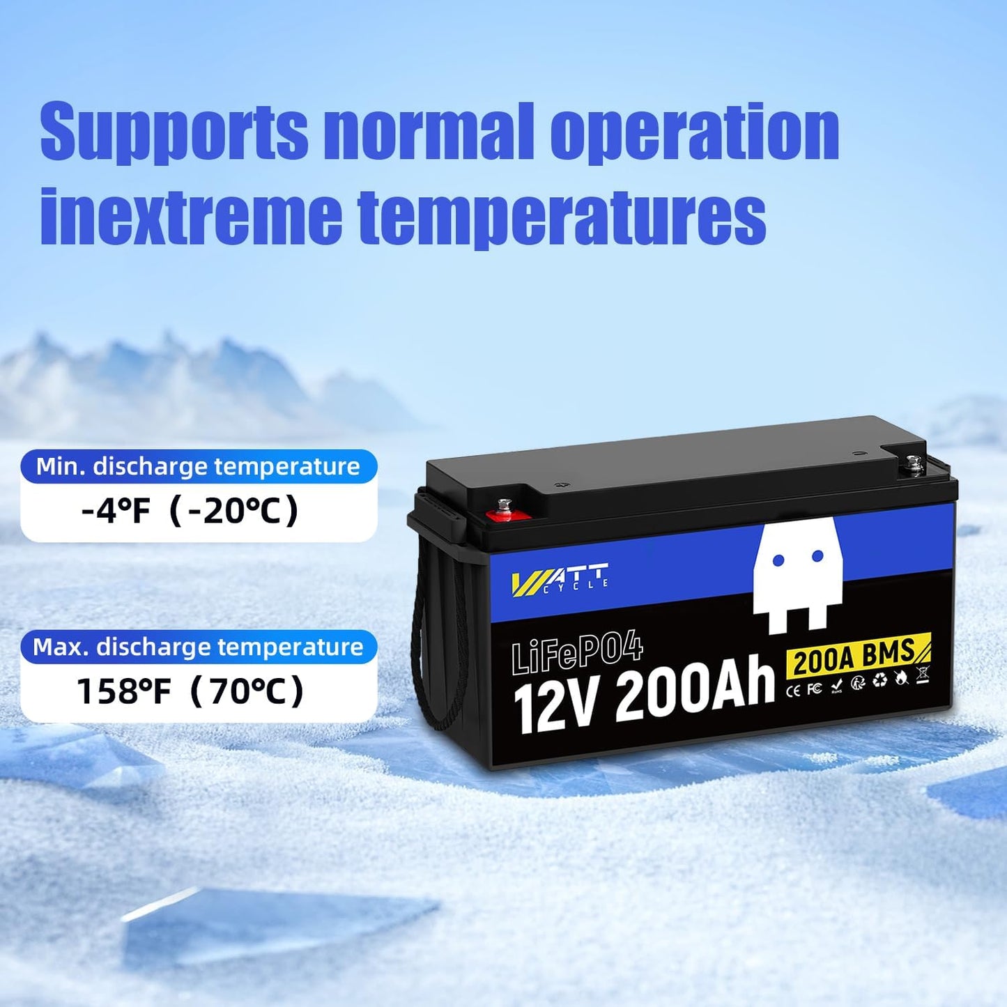12.8V 200Ah LiFePO4 Lithium Battery 1 Pack - 15000+ Cycle Life, Integrated 200A BMS, Extreme Temperature Resilience - Perfect for RV, Camping, and Home Energy Storage.