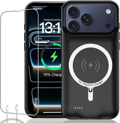Battery Case for iPhone 17 Pro Max, Upgraded 12000mAh Rechargeable Portable Extended Battery Pack Supported Qi Wireless Charging Case Compatible with iPhone 17 Pro Max (6.9 inch) Charger Cover (Black)
