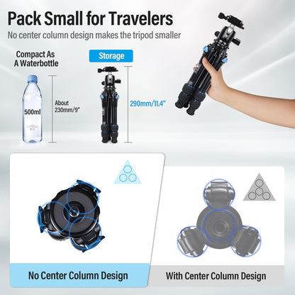 SIRUI AM203 Mini Travel Tripod with 360° B00K Ball Head, Lightweight Aluminum Tripod for Travel and Tabletop Use, Max Load 20lbs/10KG, Folded Height 11.4”, Max Height 16.7”