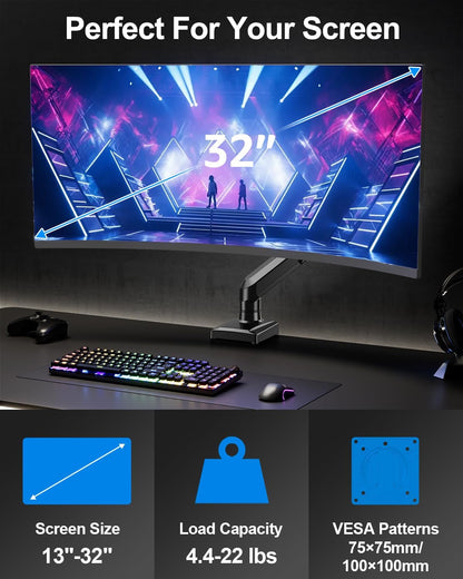 Single Monitor Mount Arm, Fits 13-32 Inch, Holds 4.4-22lbs, Full Motion, VESA 75x75/100x100, Desk Mount Freelift Pro