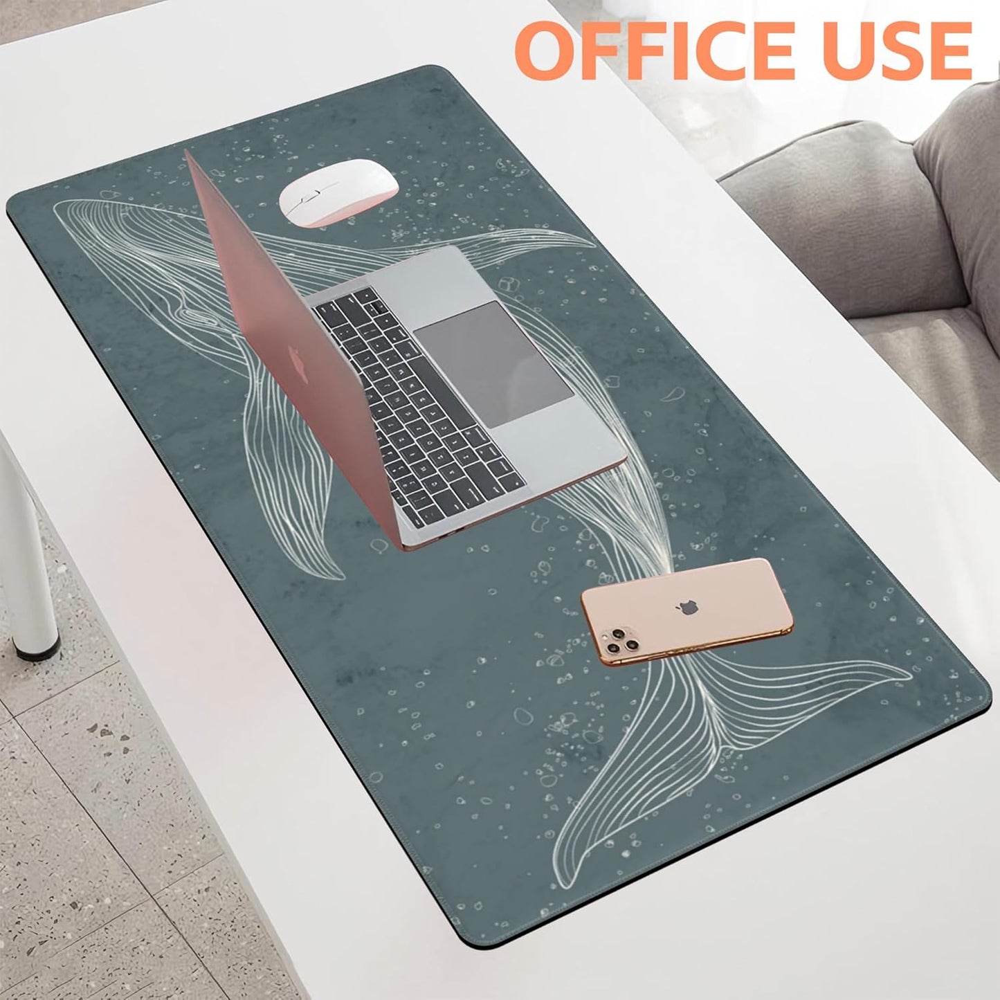 Mouse Pad Large Hand Drawn Whale Non-Slip Gaming Desk Mat with Stitched Edge Laptop Keyboard Desk Pad for Work Home Gaming (35.4 x 15.7 Inches)