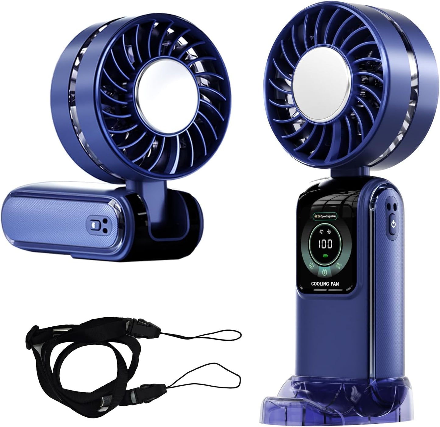 Blows Cold Air Portable Handheld Fan with Stand & Lanyard, 5000mAh USB-C Rechargeable Battery, 12H/5-Speed LED Display Mini Fan for Travel Beach Cruise Concerts Outdoor Events(Blue)