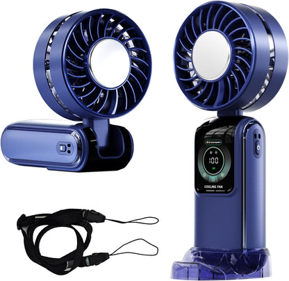 Blows Cold Air Portable Handheld Fan with Stand & Lanyard, 5000mAh USB-C Rechargeable Battery, 12H/5-Speed LED Display Mini Fan for Travel Beach Cruise Concerts Outdoor Events(Blue)
