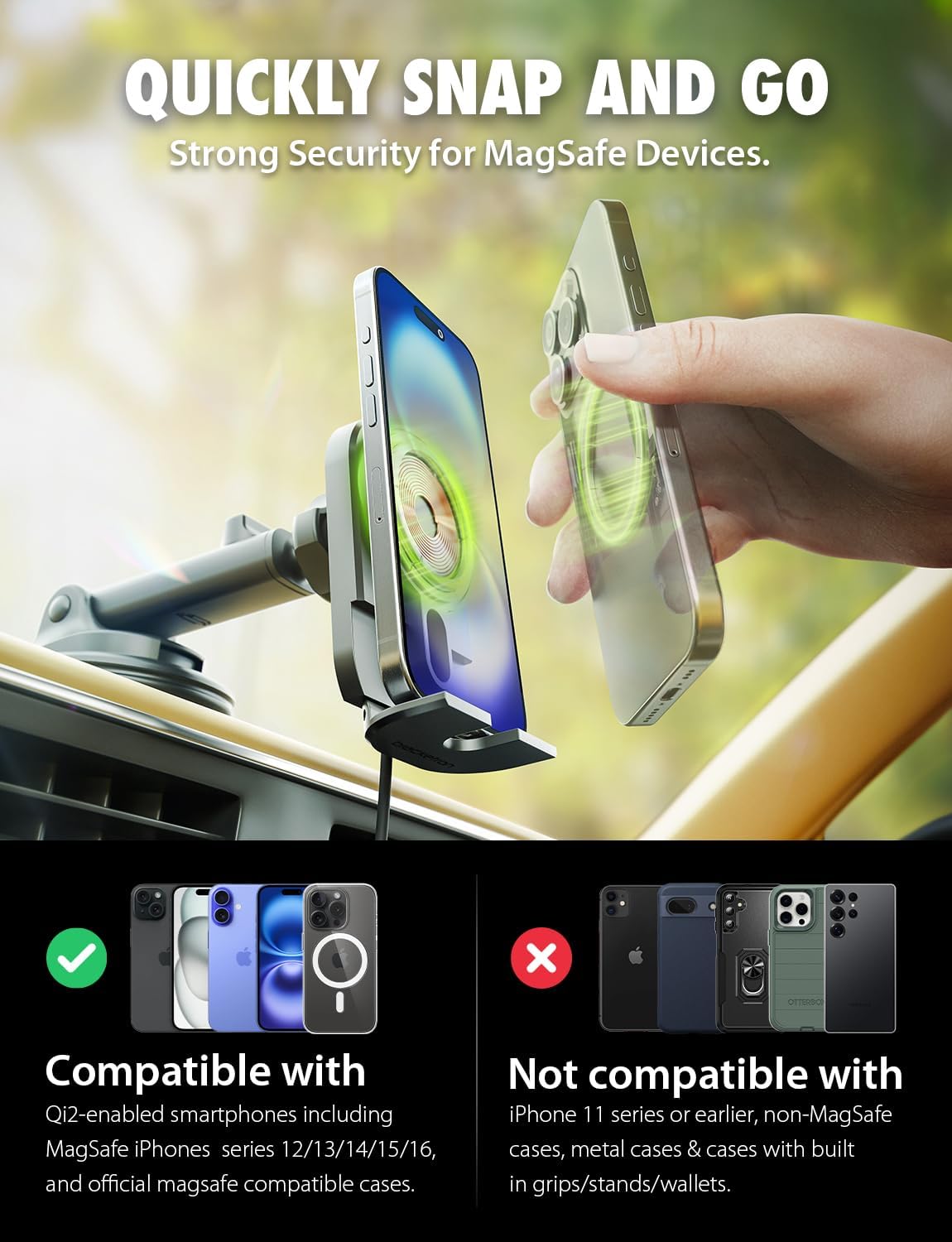 Bracketron MagAlign Extend 15W Magsafe Car Mount Charger, Magnetic Car Phone Holder Charger Wireless Car Charger for iPhone 16 Pro Max 15 14 13 12,Vent/Windshield/Dash Phone Mount Holder Fast Charger