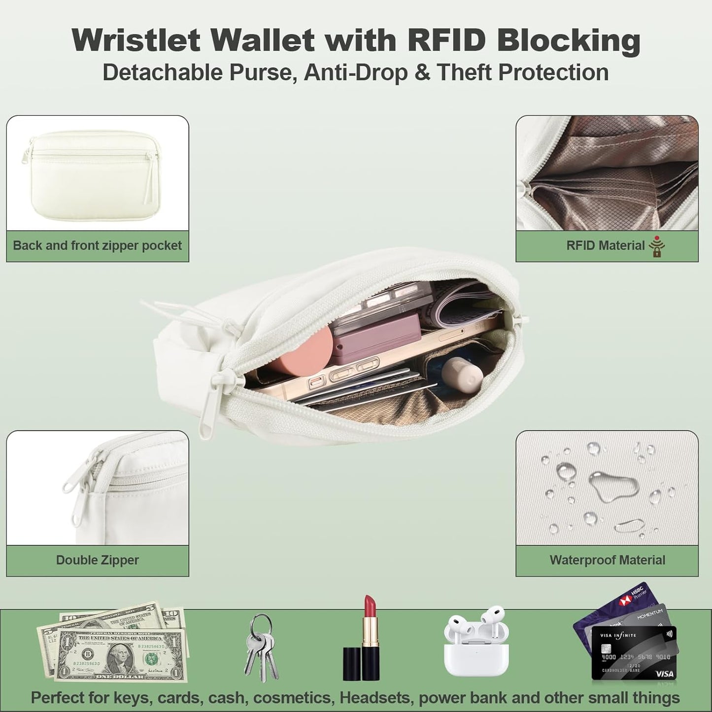 Clip and Go Strap for Phone with Wallet Crossbody, Adjustable Phone Lanyard with Detachable RFID Wristlet Wallet & Ultra-Thin 360° Rotatable Metal Tabs for All Smartphones (Cream)