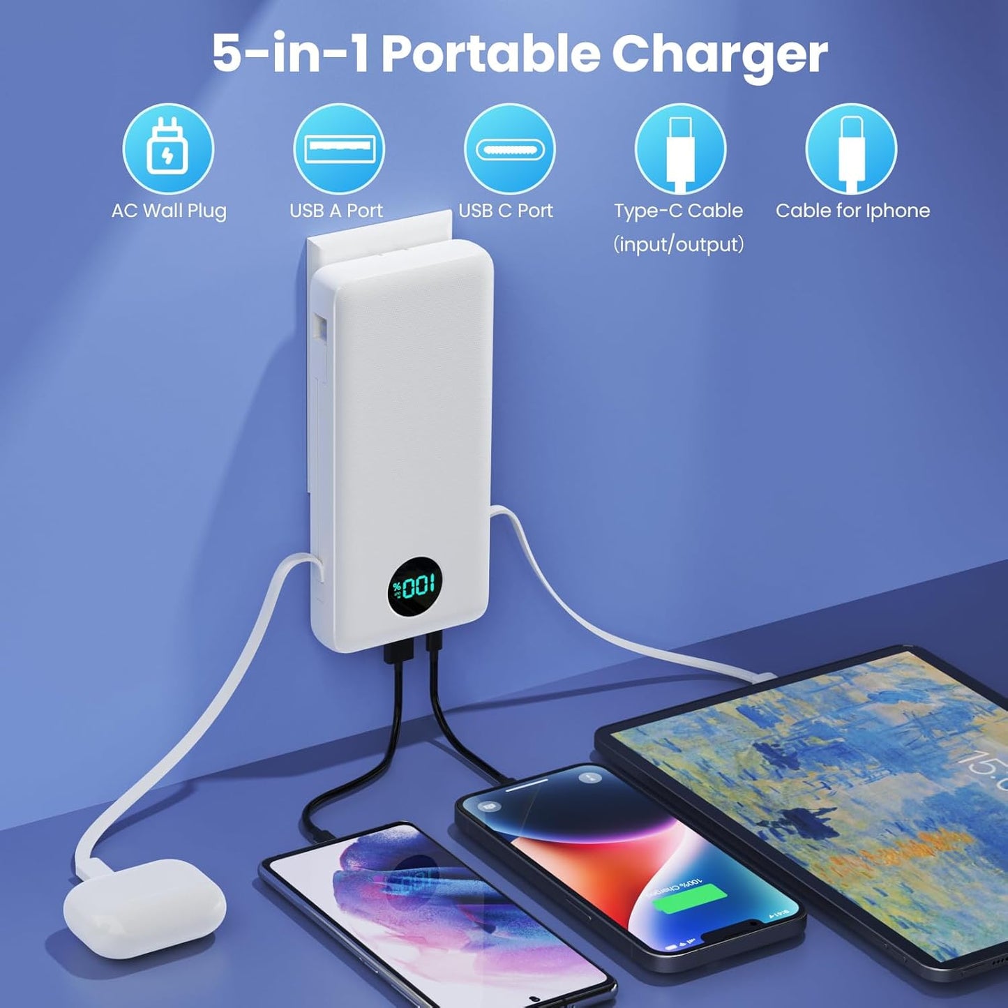 Portable Charger 33800mAh USB C Power Bank with Built-in Cables & AC Wall Plug,25W Fast Charging+QC 4.0 Phone Charger,4 Output LCD Display Battery Pack Compatible with iPhone16/15,Samsung,Android etc