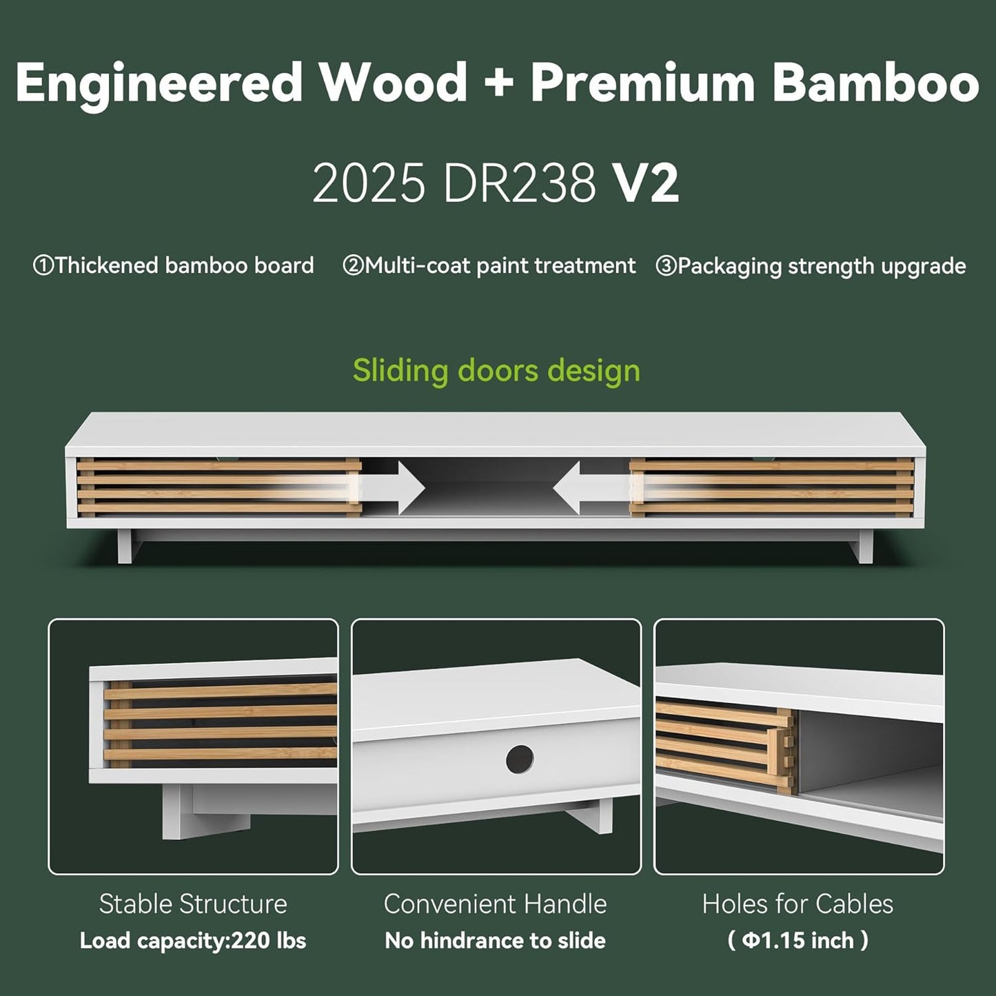 Dual Monitor Stand Riser with Sliding Door, Double Computer Laptop Stand Desk Shelf Organizer with Storage (White + Natural Bamboo, 38 Inch)