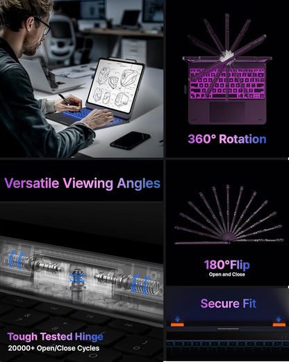 typecase Touch Case with Keyboard for iPad Pro 13-inch(M4, 2024), iPad Air 13-inch(M3, 2025/M2, 2024) & iPad Pro 12.9(6th/5th/4th/3rd Gen), Trackpad, 360° Rotatable, 11-Colors Backlit, Soft Purple