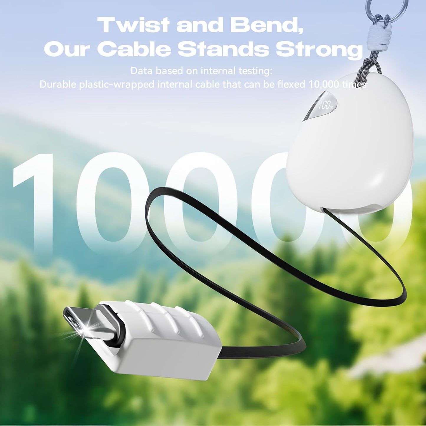 Vivilumens Portable Charger Power Bank 10000 mAh 65CM Fast-Charging Retractable Cable Outdoor Wearable Battery Pack USB-C Lightning for iPhone Smart LED Display for Hiking Camping Backpacking