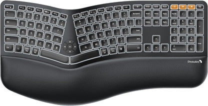 ProtoArc Backlit Bluetooth Ergonomic Keyboard, EK01 Plus Full Size Wireless Split Keyboard with Dual Bluetooth and USB, Cushioned Wrist Rest, Rechargeable, Compatible with Windows/Mac/Android, Black
