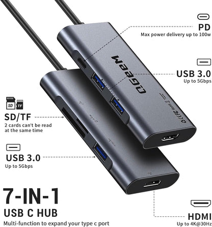 USB C Hub, QGeeM USB 4k to HDMI Adapter, 7 in 1 USB-C Dongle with 100W PD,USB 3.0, Card Reader, Compatible for MacBook iPhone 15/16 Ipad Pro max,Chromebook Laptop USB Type C Dock-Classic Grey