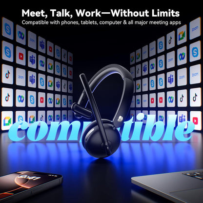 Wireless Headset with Mic for Work, Wireless Headset with Microphone (Noise Cancelling), Smart Mult-Func Dock, 65H Worktime&Fast Charge Bluetooth Headphones for Work/PC/Computer/Call Center/Teams/Zoom