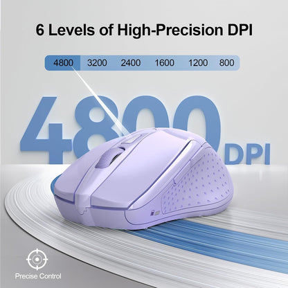 TECKNET Wireless Mouse (2.4G & BT5.0/3.0) Silent 4800 DPI Computer USB A & Bluetooth Mouse 6 Buttons, Wide Compatibility - Lavender