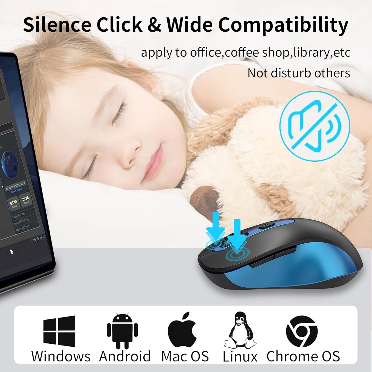 Wireless Mouse for Laptop, PC, Chromebook, Mac, MacBook, Silent Mouse with USB Nano Receiver, Side Button, 2400 DPI, Anti Slip Roller, 6 Button Ergonomics Cordless Computer Mice - Black Blue