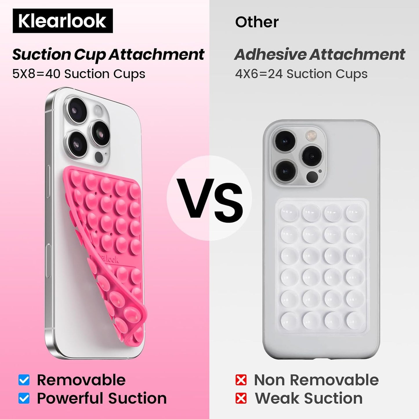2PCS Silicone Suction Cup Phone Case Mount Double Sided, Hands-Free Phone Accessories Holder for Selfies and Videos, Silicon Sticky Phone Grip for iPhone and Android, Transparent&Hot Pink