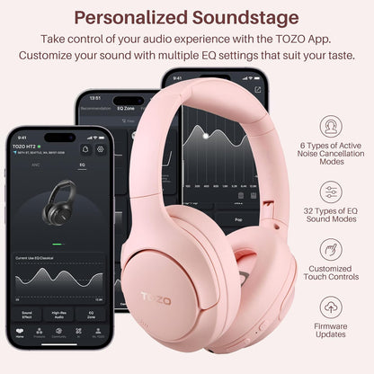 TOZO HT2 Hybrid Active Noise Cancelling Headphones, Wireless Over Ear Bluetooth Headset, 60H Playtime, Hi-Res Audio Custom EQ via App Deep Bass Comfort Fit Ear Cups, for Home Office Travel Pink
