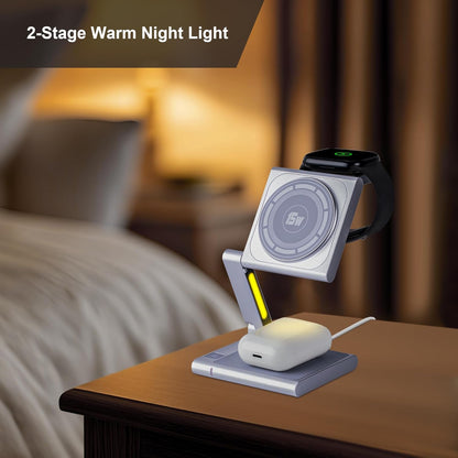 Fast Wireless Charging Station, Foldable for Travel w/Light, Modern All Aluminum Alloy Body, 4 in 1 Charger Compatible with MagSafe for Apple iPhone 16/15/14/13/12, AirPods and Apple Watch [Black]